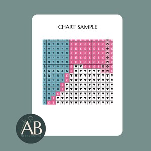 Op de afbeelding: Een kruissteekpatroonvoorbeeld met de tekst CHART SAMPLE bovenaan. Het raster bevat een blauw gedeelte met pi-symbolen en ampersands, en een roze gedeelte met pondtekens en neerwaartse driehoeken, gerangschikt in een vierkant patroon.