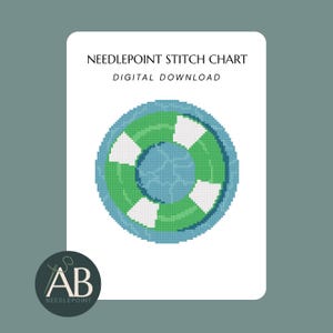 Puede incluir: Un patr&oacute;n de punto de aguja en descarga digital que presenta un gr&aacute;fico pixelado de un salvavidas circular. El salvavidas est&aacute; dise&ntilde;ado con segmentos alternos de color verde y blanco, rodeado por un borde azul sobre un fondo blanco.