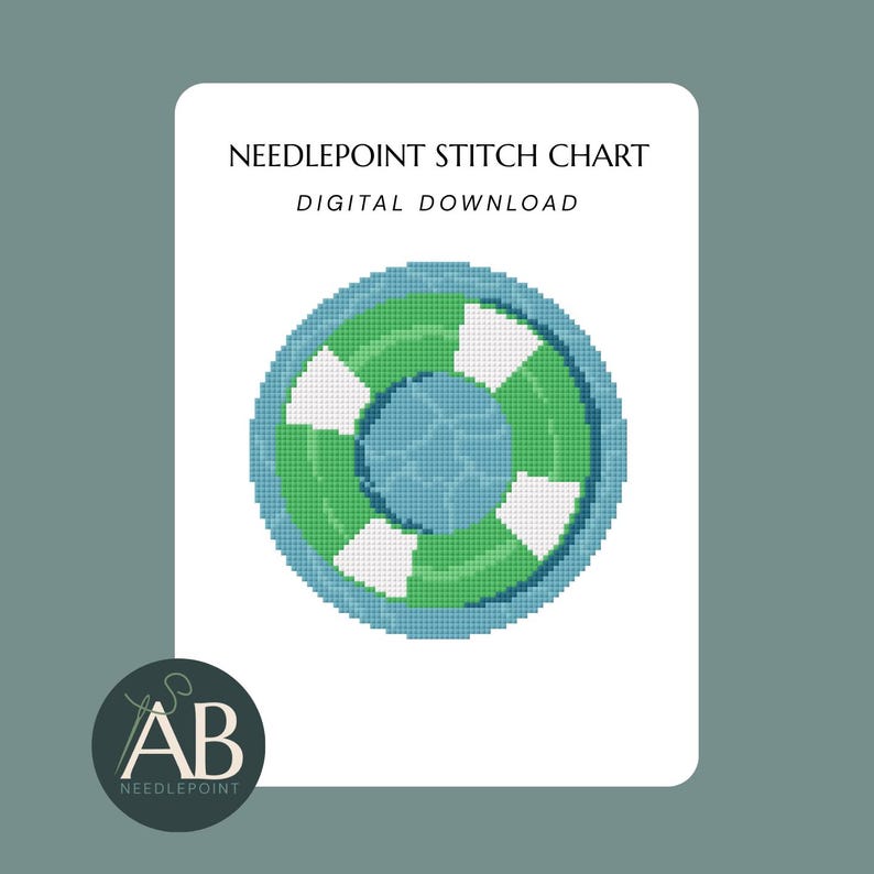 Puede incluir: Un patr&oacute;n de punto de aguja en descarga digital que presenta un gr&aacute;fico pixelado de un salvavidas circular. El salvavidas est&aacute; dise&ntilde;ado con segmentos alternos de color verde y blanco, rodeado por un borde azul sobre un fondo blanco.