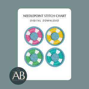 May include: A digital needlepoint stitch chart featuring four circular life preserver designs in pink, yellow, light green, and teal with white segments. The text reads NEEDLEPOINT STITCH CHART DIGITAL DOWNLOAD and includes an AB logo.