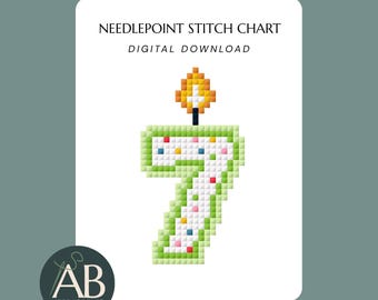 Mini Number 7 Seven Birthday Candle Needlepoint Design Charts | Digital Download PDF