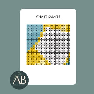 May include: A cross-stitch chart sample featuring a grid pattern with the text CHART SAMPLE at the top. The grid contains symbols including pi, ampersands, suns, stars, and triangles in blue, yellow, and white squares on a white background.