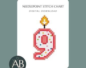Mini Number 9 Nine Birthday Candle Needlepoint Design Charts | Digital Download PDF