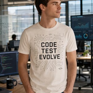 K&ouml;nnte beinhalten: Ein hellbeige T-Shirt mit dem Aufdruck "CODE TEST EVOLVE" in einem Leiterplatten-Design. Das T-Shirt wird von einer Person in einer modernen B&uuml;roumgebung getragen. Eine schwarze Tasse mit einem Codesymbol steht auf dem Schreibtisch.