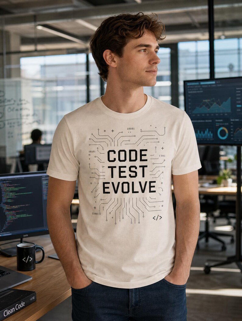 K&ouml;nnte beinhalten: Ein hellbeige T-Shirt mit dem Aufdruck "CODE TEST EVOLVE" in einem Leiterplatten-Design. Das T-Shirt wird von einer Person in einer modernen B&uuml;roumgebung getragen. Eine schwarze Tasse mit einem Codesymbol steht auf dem Schreibtisch.