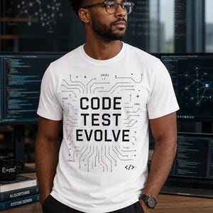 May include: White t-shirt with the words "CODE TEST EVOLVE" in a circuit board design. The shirt is worn by a person with glasses, standing in front of computer monitors. A black watch is visible on the person's wrist.