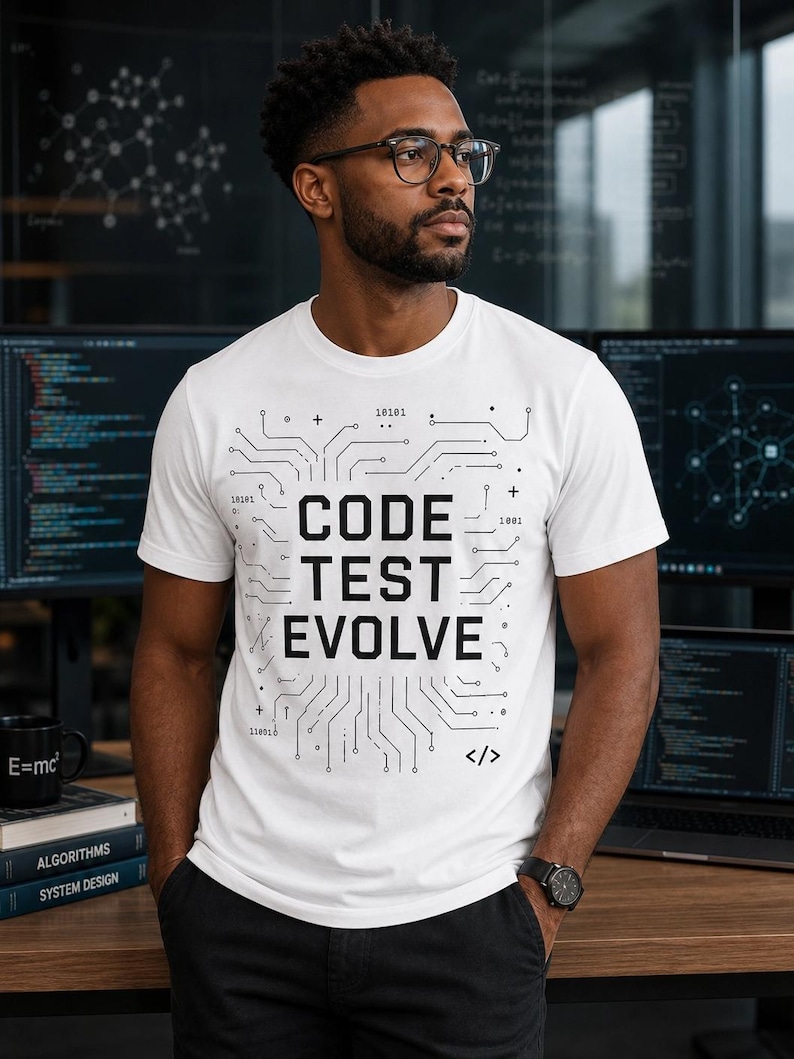 K&ouml;nnte beinhalten: Wei&szlig;es T-Shirt mit dem Aufdruck "CODE TEST EVOLVE" in einem Leiterplatten-Design. Die Person tr&auml;gt eine Brille und eine schwarze Uhr. Im Hintergrund befinden sich Computermonitore und B&uuml;cher mit den Titeln "ALGORITHMS" und "SYSTEM DESIGN".