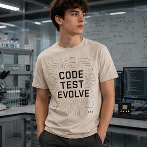 K&ouml;nnte beinhalten: Beigefarbenes T-Shirt mit dem schwarzen Schriftzug &bdquo;CODE TEST EVOLVE&ldquo; und einem Leiterplatten-Design. Das T-Shirt wird in einem Labor mit Computern und wissenschaftlichen Ger&auml;ten getragen.