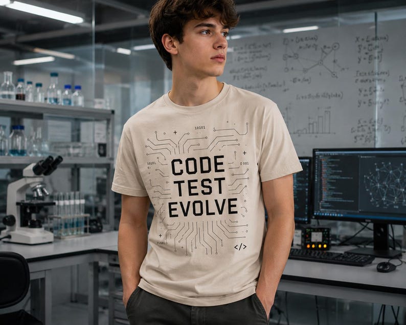 K&ouml;nnte beinhalten: Beigefarbenes T-Shirt mit dem schwarzen Schriftzug &bdquo;CODE TEST EVOLVE&ldquo; und einem Leiterplatten-Design. Das T-Shirt wird in einem Labor mit Computern und wissenschaftlichen Ger&auml;ten getragen.
