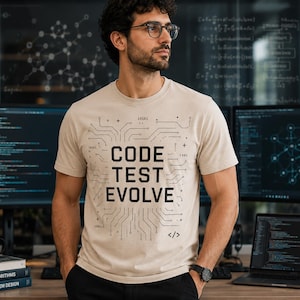 K&ouml;nnte beinhalten: Beiges T-Shirt mit den Worten "CODE TEST EVOLVE" in einem Leiterplatten-Design. Das Shirt wird von einer Person mit Brille getragen, die vor Computermonitoren mit Code steht. Eine schwarze Uhr ist am Handgelenk zu sehen.