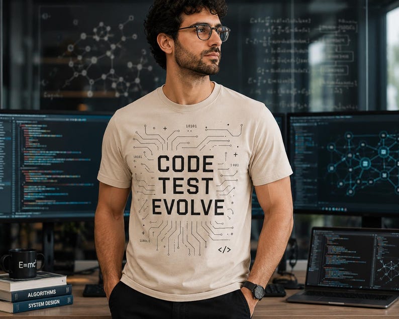 K&ouml;nnte beinhalten: Beiges T-Shirt mit den Worten "CODE TEST EVOLVE" in einem Leiterplatten-Design. Das Shirt wird von einer Person mit Brille getragen, die vor Computermonitoren mit Code steht. Eine schwarze Uhr ist am Handgelenk zu sehen.