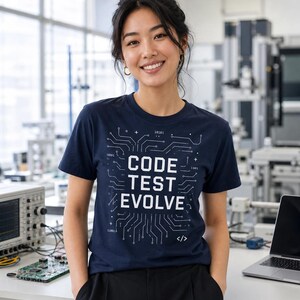 K&ouml;nnte beinhalten: Marineblaues T-Shirt mit dem wei&szlig;en Schriftzug "CODE TEST EVOLVE" und einem Leiterplatten-Design. Die Person tr&auml;gt das T-Shirt in einem Labor, mit einem Laptop und elektronischen Ger&auml;ten im Hintergrund.