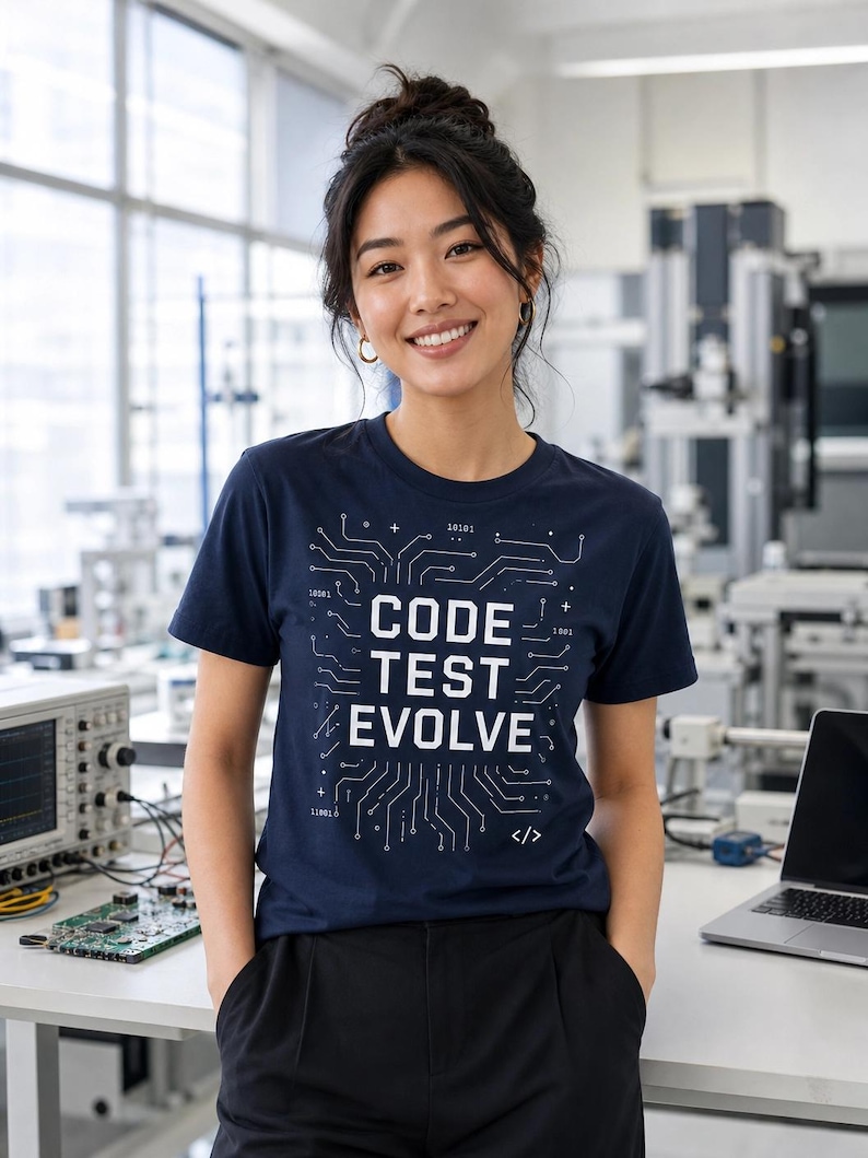 K&ouml;nnte beinhalten: Marineblaues T-Shirt mit dem wei&szlig;en Schriftzug "CODE TEST EVOLVE" und einem Leiterplatten-Design. Die Person tr&auml;gt das T-Shirt in einem Labor, mit einem Laptop und elektronischen Ger&auml;ten im Hintergrund.