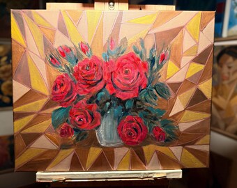 Cubist Roses Painting – Original 16x20 Oil on Canvas, Geometric Floral Still Life Art