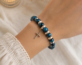 Beaded bracelet, cross, Tiger eye beads, Christian Jewelry, Catholic Jewelry, baptism, confirmation, first communion gift, RCIA Gift.