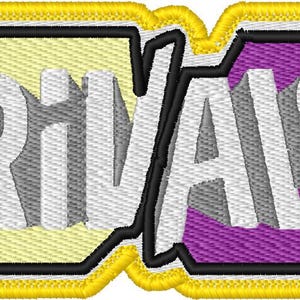 May include: Embroidered patch featuring the word "RIVALS" in a 3D effect. The text is white with a gray shadow, set against a yellow and purple background. The patch has a black border and a yellow stitched edge.