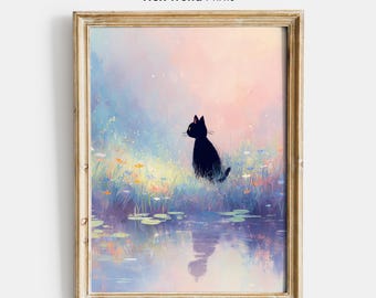 Stampa artistica di un gatto nero pastello, decorazione per la casa fantasy e da sogno, poster di cartoni animati (download digitale)