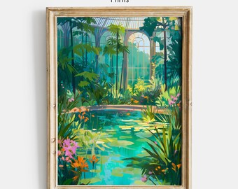 Impressão artística de jardim com flores, Jardins de Kew, arte de parede vintage, impressões florais, download digital