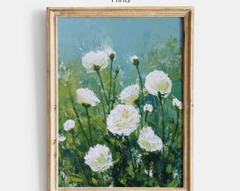White Garden in Bloom Art Print, Serene Oil Painting, Home Wall Decor (Digital Download)