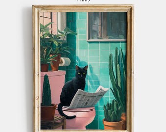 Póster de gato negro para baño, impresión de gato leyendo periódico, decoración de pared para inodoro, descarga digital