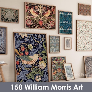 Pode incluir: Uma coleção de impressões de arte emolduradas com designs de William Morris. As impressões apresentam padrões intrincados de pássaros, flores e folhagens em várias cores, incluindo azul, vermelho e dourado. O texto "150 William Morris Art" está na parte inferior.