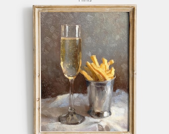 French Fries and Champagne Bar Cart Art Print, Cocktail Wall Decor, Digital Download