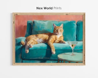 Orange Tabby Cat Martini Art Print, Whimsical Bar Decor (Digital Download)