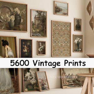 Könnte beinhalten: Eine Sammlung gerahmter Vintage-Drucke in verschiedenen Größen und Stilen, darunter Blumenstillleben, Landschaften und Porträts. Die Drucke werden an einer neutralen Wand präsentiert, mit dem Text "5600 Vintage Prints" am unteren Rand.