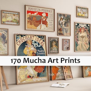 May include: A display of framed Mucha art prints, showcasing vintage advertisements and illustrations. The prints feature Art Nouveau style with detailed figures, floral motifs, and text. The colour palette includes warm tones of red, yellow, and brown, in various sizes.