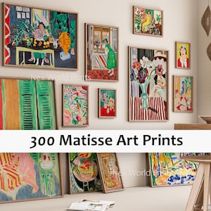 May include: A collection of framed Matisse art prints in various sizes and styles, displayed on a white wall. The prints feature vibrant colors and depict scenes of figures, still lifes, and landscapes. The text "300 Matisse Art Prints" is visible.