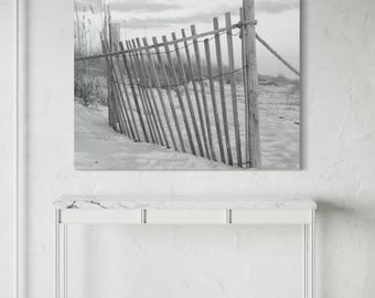 Black and White Beach Fence Photography Print: Coastal Wall Art