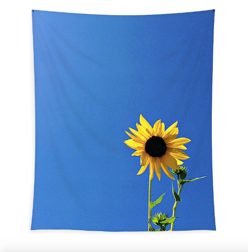 Sunflower Tapestry, Large Indigo Blue Wall Tapestry, Honeycomb Yellow Sunflower Photography, Landscape Tapestry, Bloomcore, Flowercore image 1