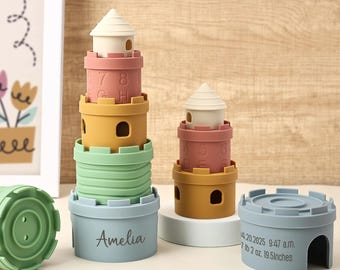 Custom Silicone Castle Stacker, Personalized Name & Birth Details, Baby Teething Toy, Montessori Baby and Toddler Toy, Baby Shower Gift