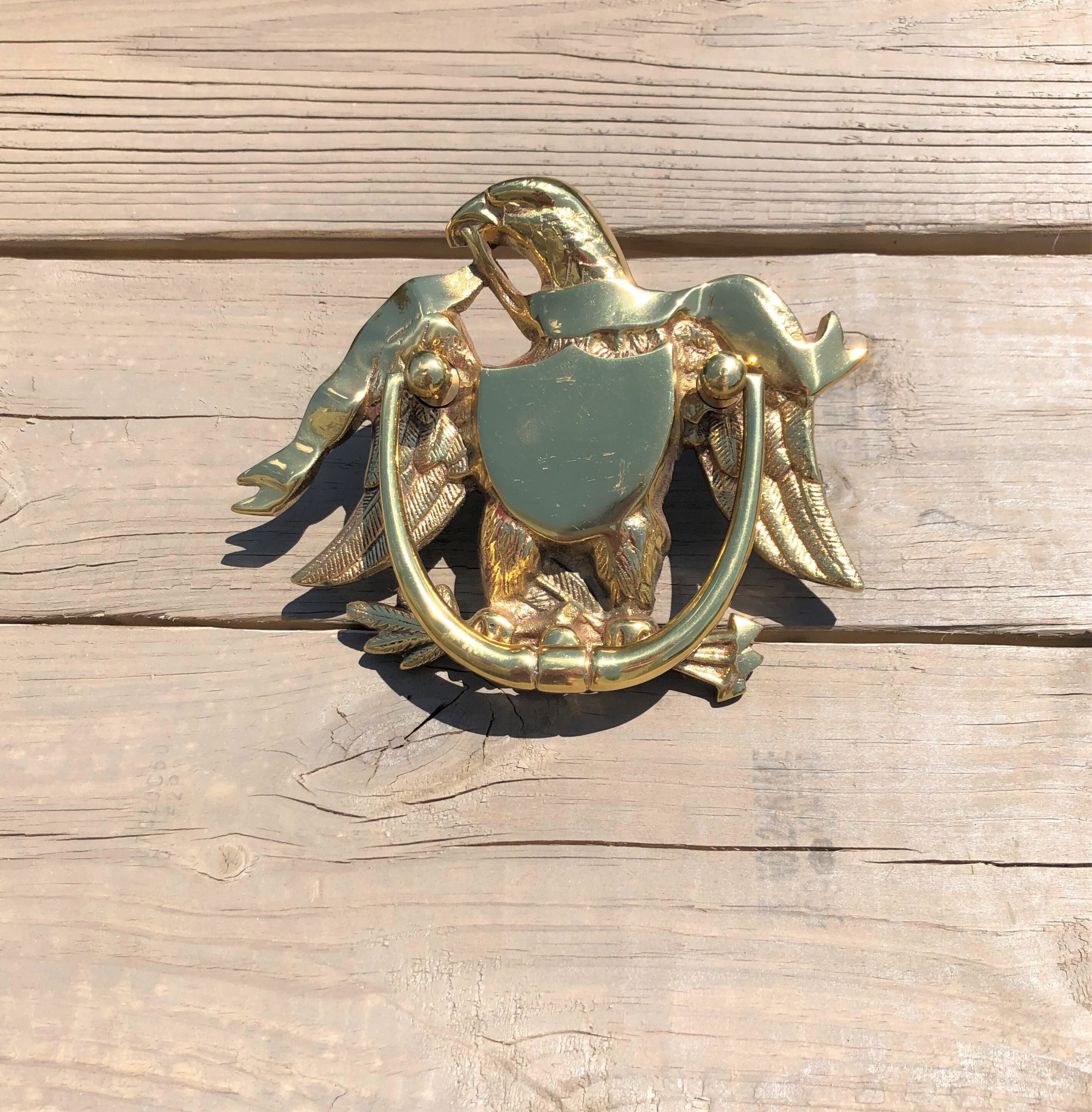 Solid Brass Eagle Door Knocker With Shield Brass American Etsy