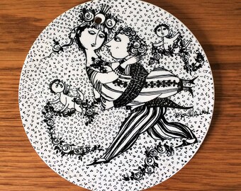 Vintage Nymolle Denmark Ceramic Wall Plaque / Plate / Trivet Bjorn Wiinblad, March Marts Victoire, Black White Danish Modern
