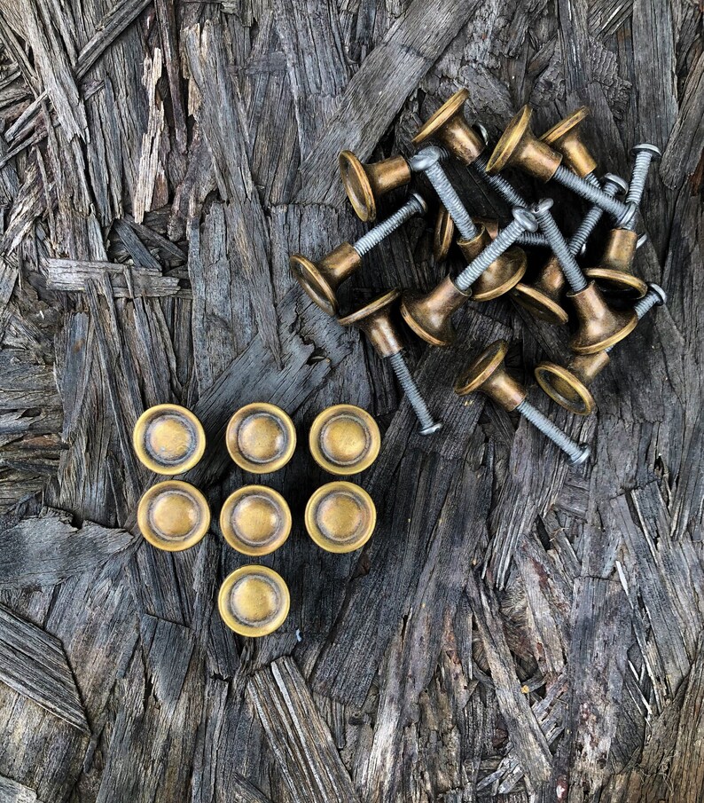 Brass Drawer Knobs Round Lots Of 7 Small Antique Brass Finish Etsy