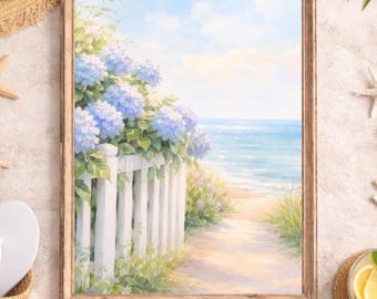 Coastal Hydrangea Watercolor Print | Beach Path Wall Art (Digital Download)