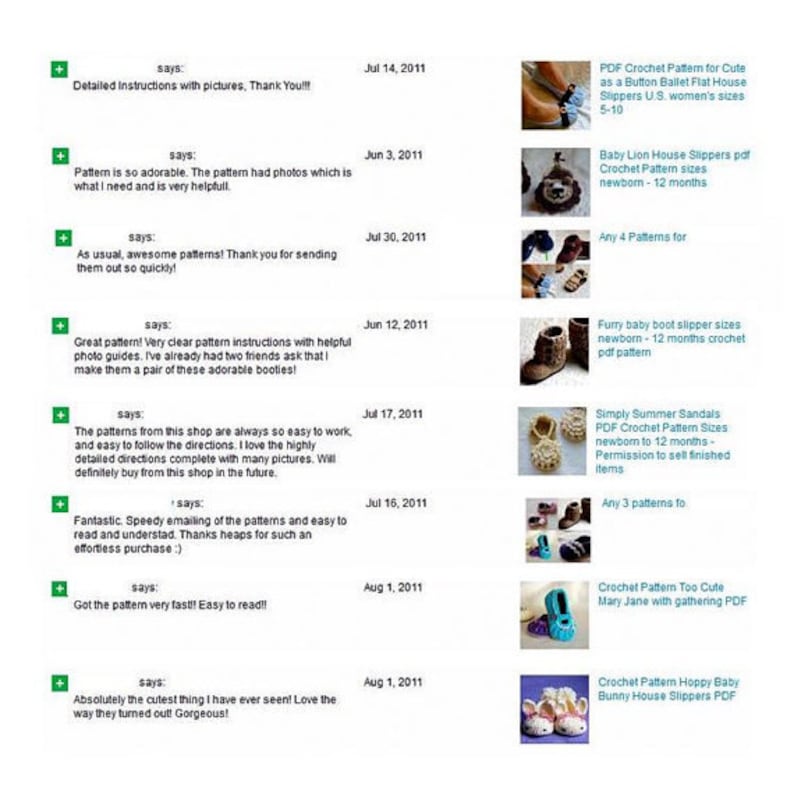 May include: A screenshot of a website with customer reviews for crochet patterns. The reviews are positive and highlight the ease of use, quality, and speed of delivery. The patterns are for baby booties, slippers, and sandals.