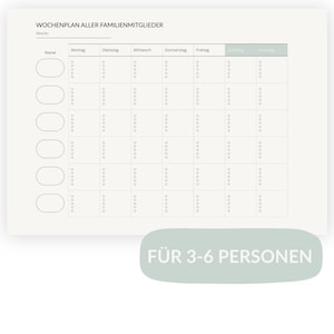 May include: A weekly planner with the text "WOCHENPLAN ALLER FAMILIENMITGLIEDER" and "FÜR 3-6 PERSONEN". The planner has a grid layout with spaces for each day of the week and a section for names. The background is a light cream colour.