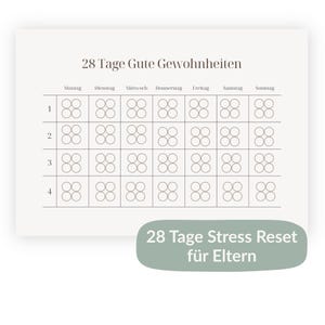 Könnte beinhalten: Ein beiger Gewohnheitstracker mit dem Text "28 Tage Gute Gewohnheiten" oben und "28 Tage Stress Reset für Eltern" unten. Der Tracker hat ein Raster mit 28 Tagen und Feldern zum Verfolgen von Gewohnheiten.