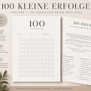 Può includere: Un set stampabile di tracker 100 Kleine Erfolge e foglio di idee. Il tracker presenta una griglia di 100 cerchi numerati per registrare i progressi. Il foglio di accompagnamento elenca 100 idee per mini-obiettivi, suddivise per corpo e mente.
