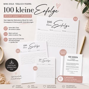Könnte beinhalten: Ein Set aus weißen Habit-Trackern in den Formaten A4, A5 und A6, jeweils mit der Überschrift 100 kleine Erfolge. Die Blätter enthalten Zeilen für Datum, Ziel und Belohnung sowie 100 nummerierte Kreise und eine Bonusseite mit 100 IDEEN.