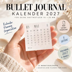 Könnte beinhalten: Ein quadratisches Kalenderblatt aus Papier für Mai 2027 mit schwarzem Text auf weißem Hintergrund. Der Kalender zeigt Wochentage und Daten. Text umfasst BULLET JOURNAL KALENDER 2027, PDF SOFORT DOWNLOAD, 5 SEITEN, KALENDER 2027 + BONUS und 12 MONATSKALENDER.