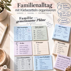 Könnte beinhalten: Ein druckbares Familienorganisationssystem mit verschiedenen Haftnotiz-Vorlagen für Stundenpläne, To-Do-Listen, Essenspläne und Erinnerungen. Das Set enthält 18 Seiten Anleitung sowie PDF-Dateien zum Ausdrucken, um den Familienalltag strukturiert zu organisieren.