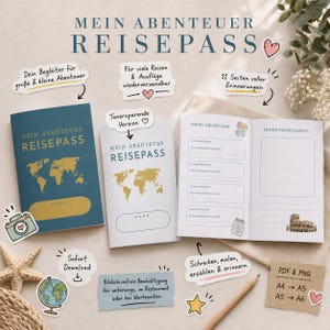 Könnte beinhalten: Ein Reisetagebuch-Set mit dem Titel Mein Abenteuer Reisepass, bestehend aus einem dunkelblauen Einband mit goldener Weltkarte, einer tonersparenden weißen Version und einer aufgeschlagenen Innenseite mit Reiseplanungsfeldern.