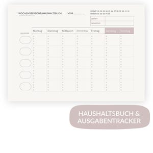 Peut inclure: Un planificateur hebdomadaire de budget familial et de suivi des dépenses dans une palette de couleurs douces et neutres. Le planificateur comprend des sections pour chaque jour de la semaine, avec un espace pour suivre les dépenses prévues et réelles. Le texte "HAUSHALTSBUCH & AUSGABENTRACKER" est affiché.