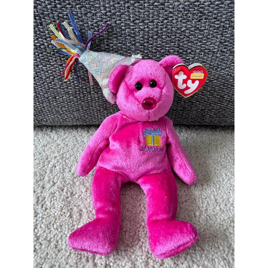 Ty Birthday Beanies Collection January Pink Bear Plush 04552 Party Hat ...