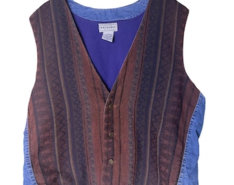 Arizona Jean Company Vintage Denim Tapestry Vest XL Blue Burgundy Geometric 90s