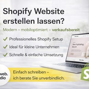 Könnte beinhalten: Ein Laptop, der ein Website-Design mit dem Text "New Hydrating Serum" anzeigt. Das Bild enthält auch den Text "Shopify Website erstellen lassen?" und eine grüne Einkaufstasche mit dem Buchstaben "S."