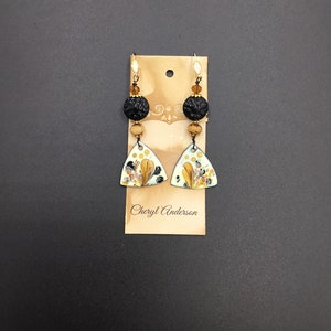 Artisan , Enameled, Triangle Shape, Bohemian, Black and Carmel Earrings